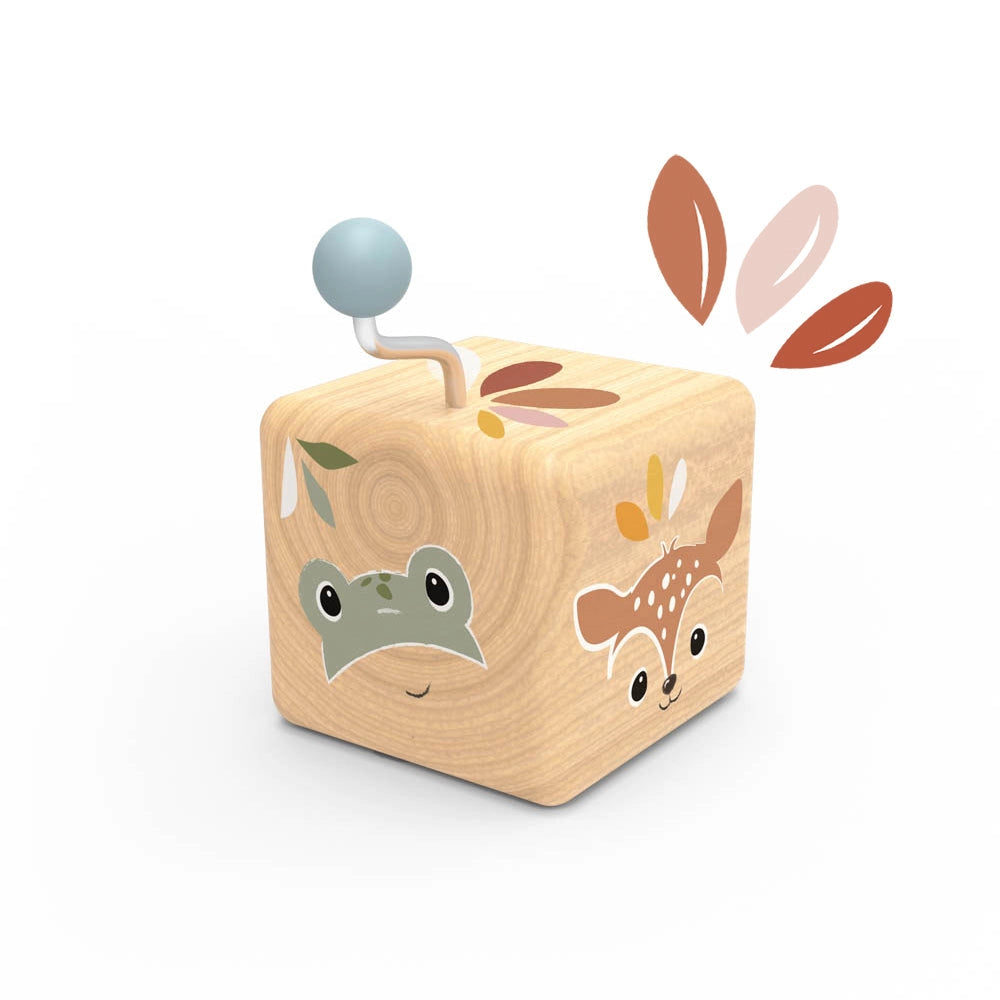 Wooden music box with animal faces and floral designs, featuring a blue winding handle on top for soothing melodies.