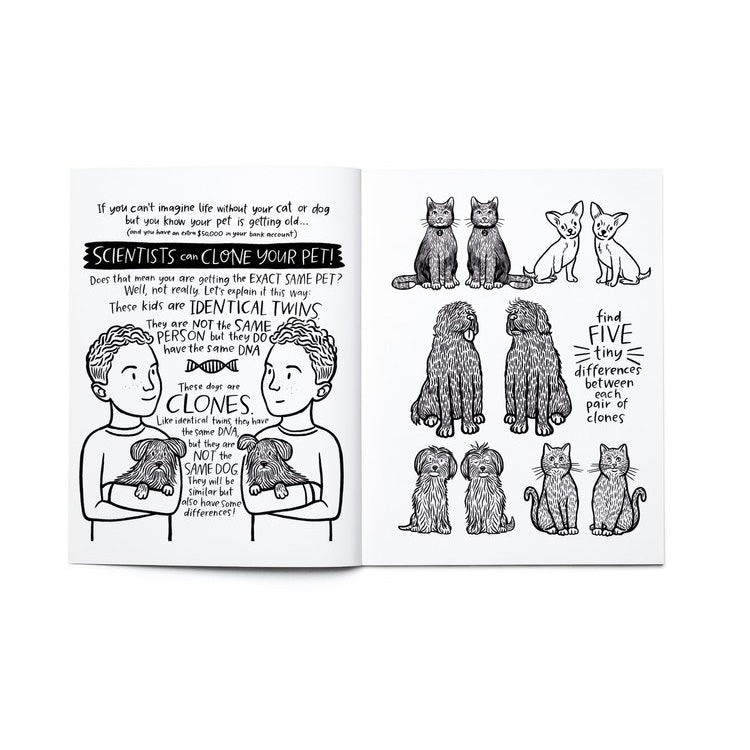 Open coloring and activity book page with black and white illustrations of pets and a spot-the-difference game