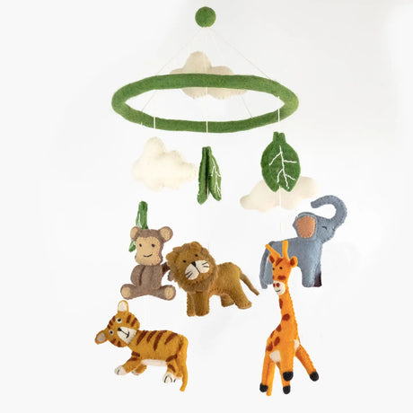 Felt Mobile | Baby Jungle Animal with lion, tiger, giraffe, elephant, and monkey hanging from a green felt hoop.