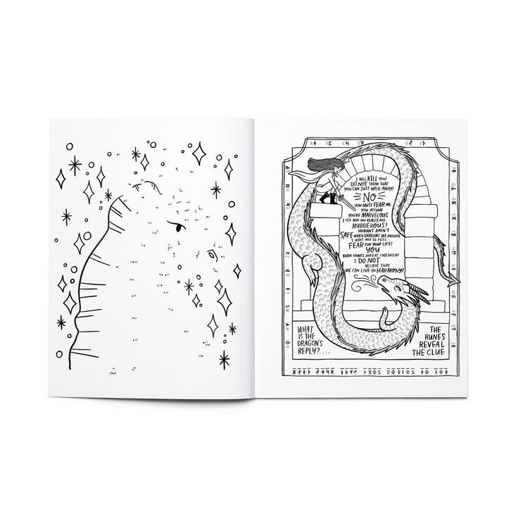 Open coloring book showing a detailed dragon illustration and a fun mythical puzzle for kids to solve