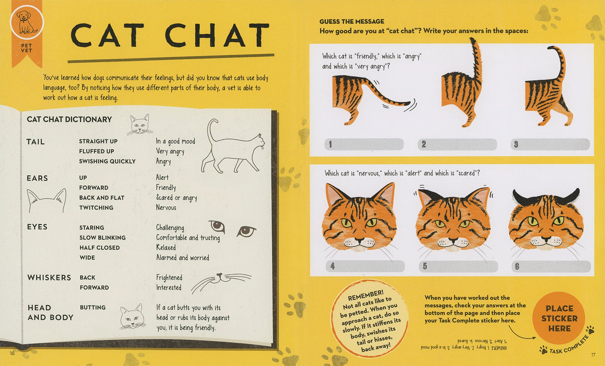 Open book page with a cat body language guide and matching game for kids learning about cat feelings and behavior.