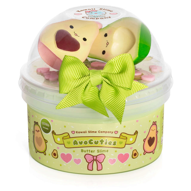 AvoCuties Butter Slime with creamy texture, avocado couple charm, and cute packaging with green bow.