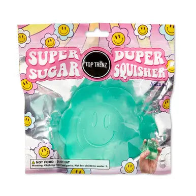 Super Duper Sugar Squisher | Daisy in green with smiley face, cool-touch exterior, and gooey center for squeezing fun.