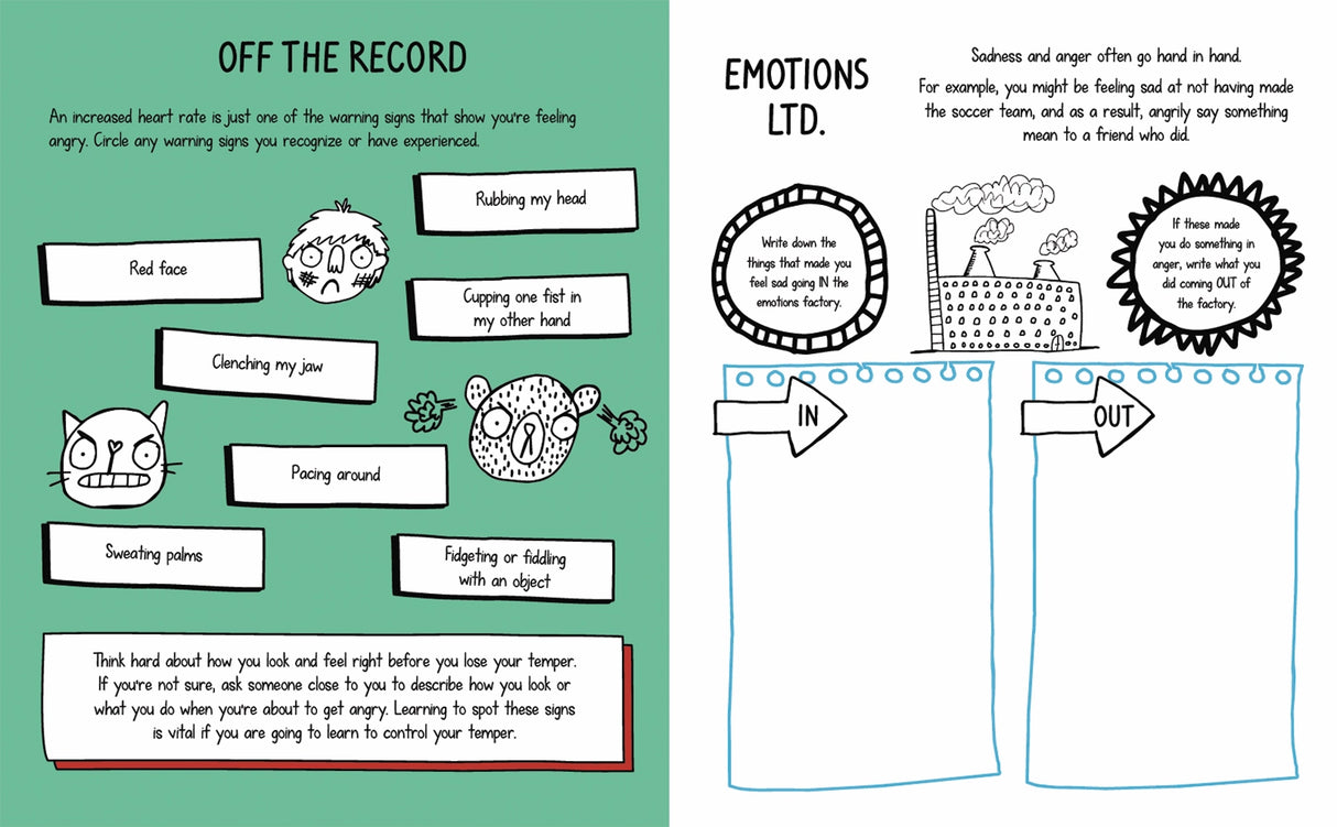 Open pages of a children's activity book teaching signs of anger and ways to manage emotions through drawing and writing exercises.