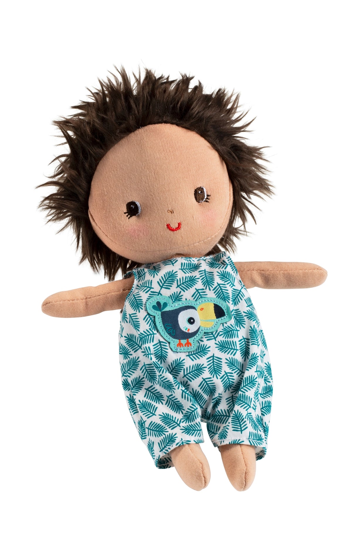 Baby & Carrier | Ari soft doll with spiky brown hair wearing blue tropical patterned outfit with toucan bird design