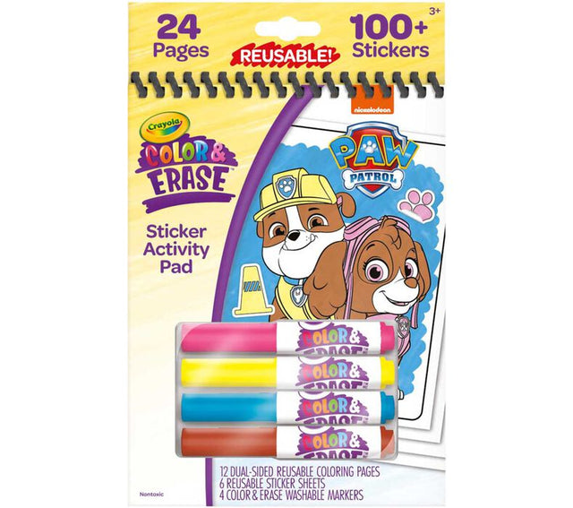 Color & Erase Reusable Sticker Activity Pad | Paw Patrol with washable markers, 24 pages, and 100+ reusable stickers.