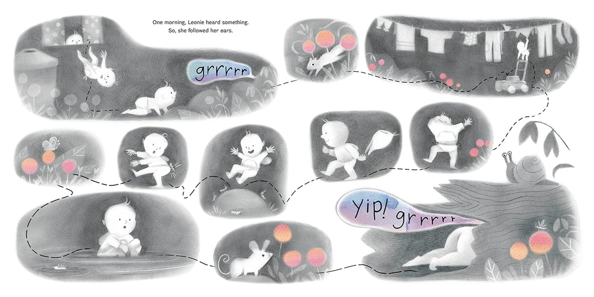 Pete and Leonie The Great Baby Swap shows babies playing, exploring, and communicating through playful grrr and yip sounds.