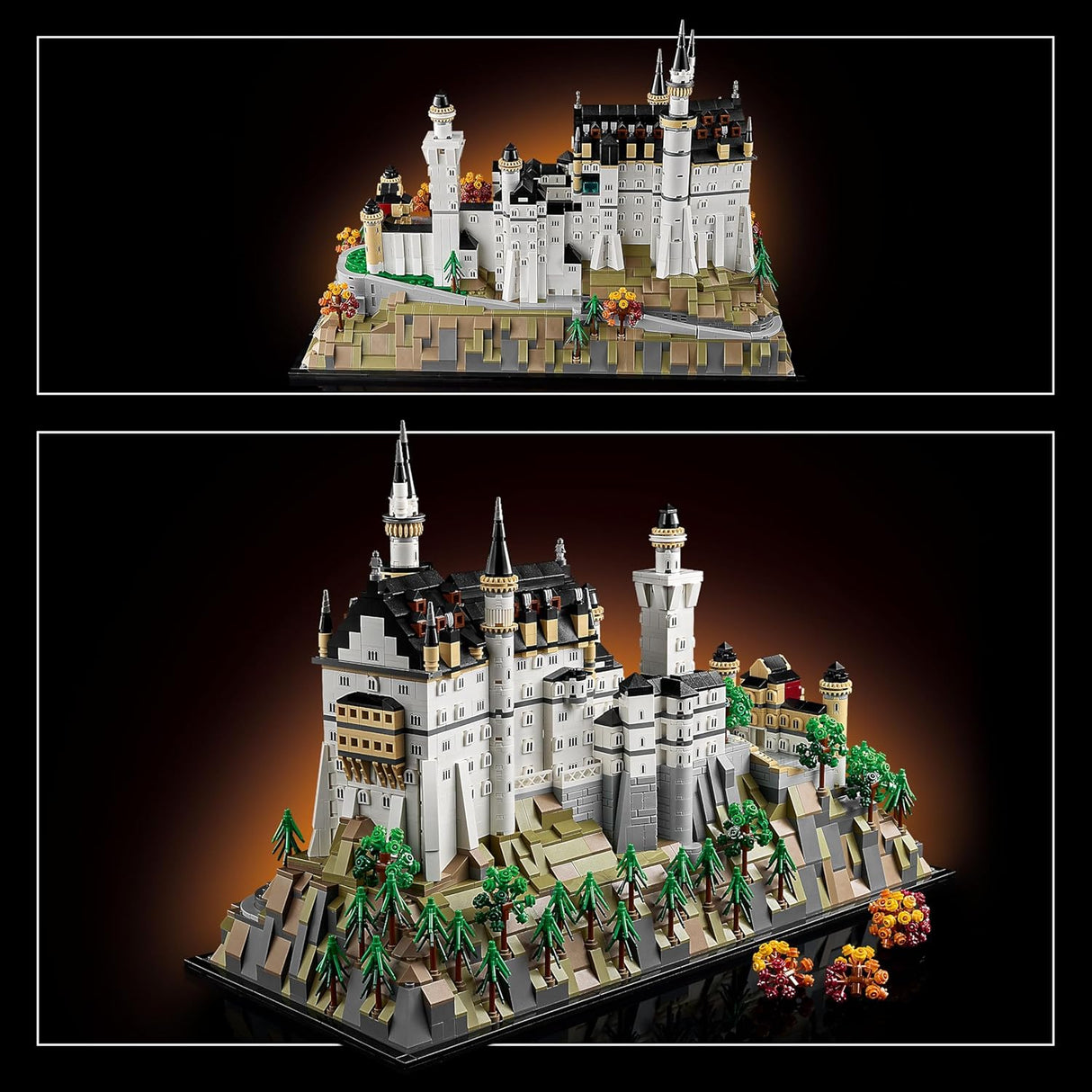 Detailed model of Neuschwanstein Castle with towers, rocky base, and customizable seasonal foliage display