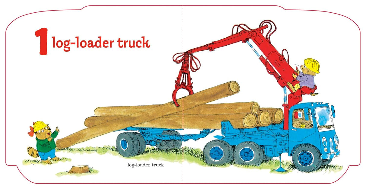 Richard Scarry's Cars and Trucks 1-10 board book page featuring a blue log-loader truck lifting logs with colorful illustrations.