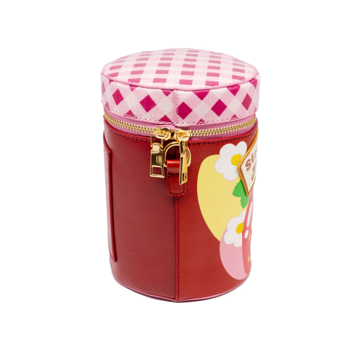 Handbag Strawberry Jelly That's My Jam with red body, pink checkered lid, and gold zipper detail, novelty jam jar design.