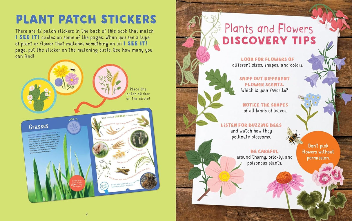 Backpack Explorer: Discovering Plants and Flowers book open to pages with plant stickers and discovery tips for kids learning about plants.