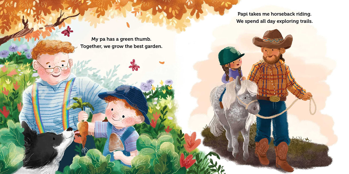 Daddy and Me board book illustration showing a dad and child gardening and horseback riding outdoors.