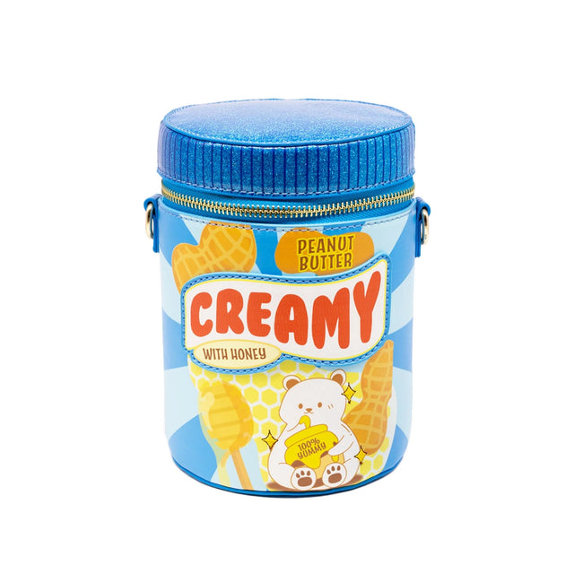 Handbag | Creamy Peanut Butter shaped like a peanut butter jar with blue lid and cute bear design on front.