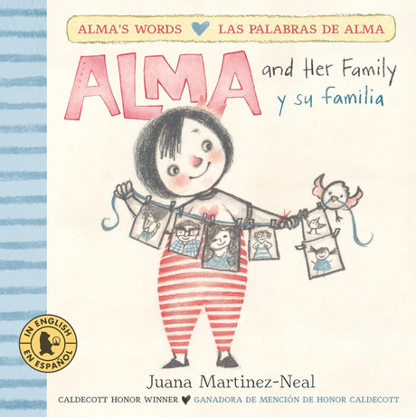 Alma and Her Family / y Su Familia board book cover showing Alma holding family photos on a string.