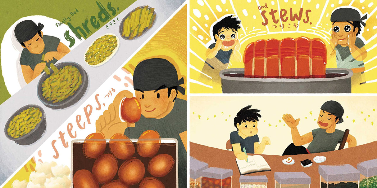 Illustration from Ramen For Everyone showing Hiro preparing ramen ingredients with focus on steeps and stews.