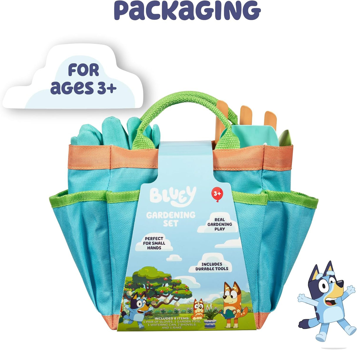 Bluey Garden Set with tote bag, gloves, watering can, shovels, and rake for kids gardening play ages 3+