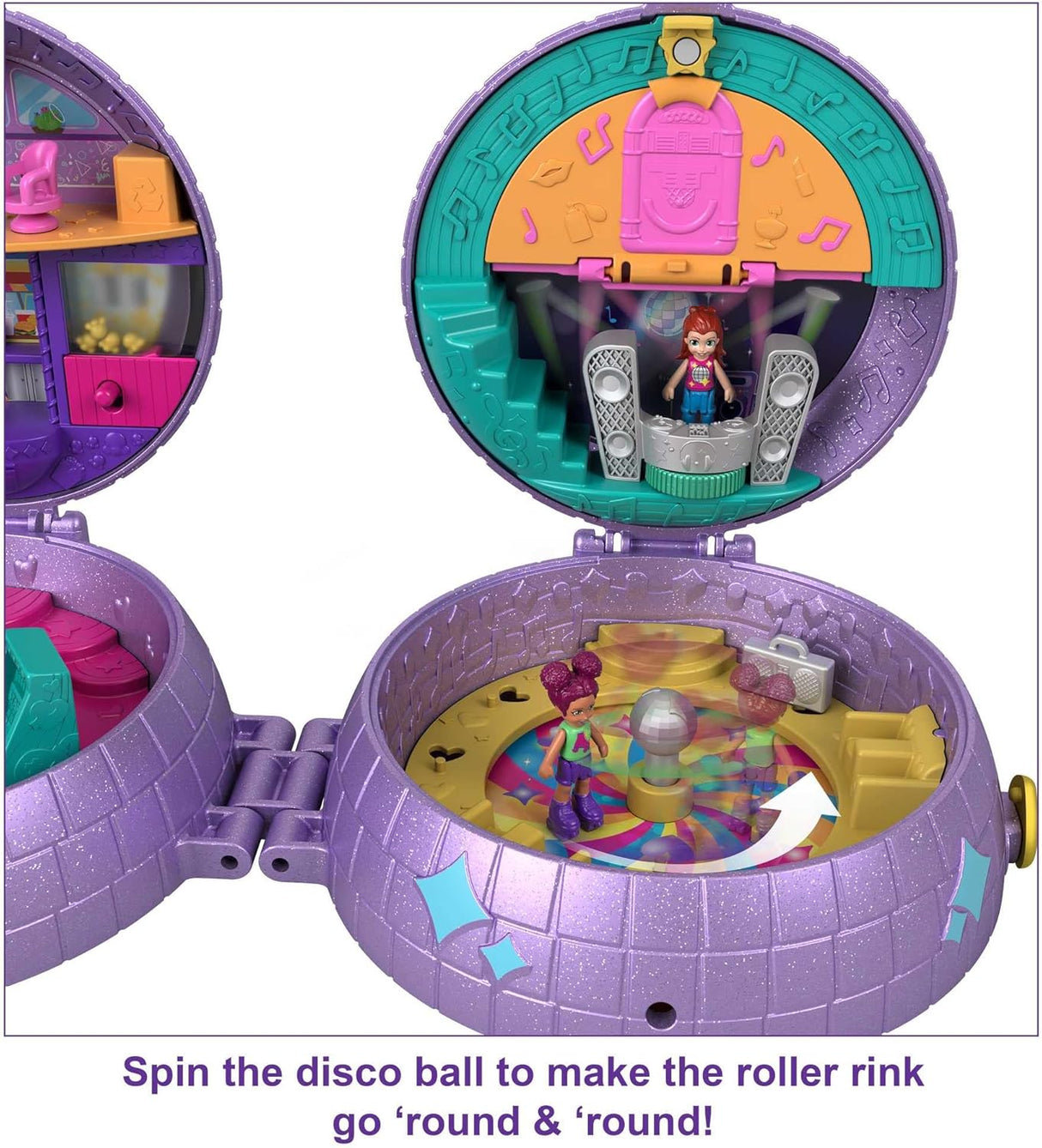Polly Pocket Double Play Skating Compact open to disco roller rink playset with 2 dolls and colorful accessories inside.
