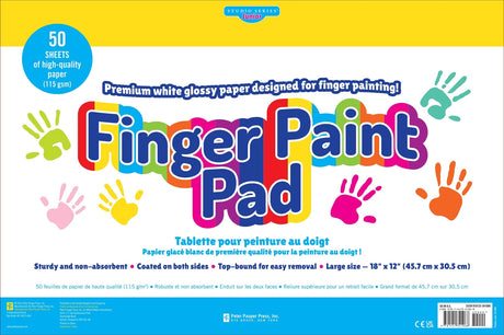 Bright colorful cover of a junior finger paint pad with 50 sheets of premium glossy thick paper for painting.