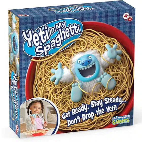 Yeti in My Spaghetti game box showing a blue yeti tangled in noodles inside a red bowl for ages 4 and up.
