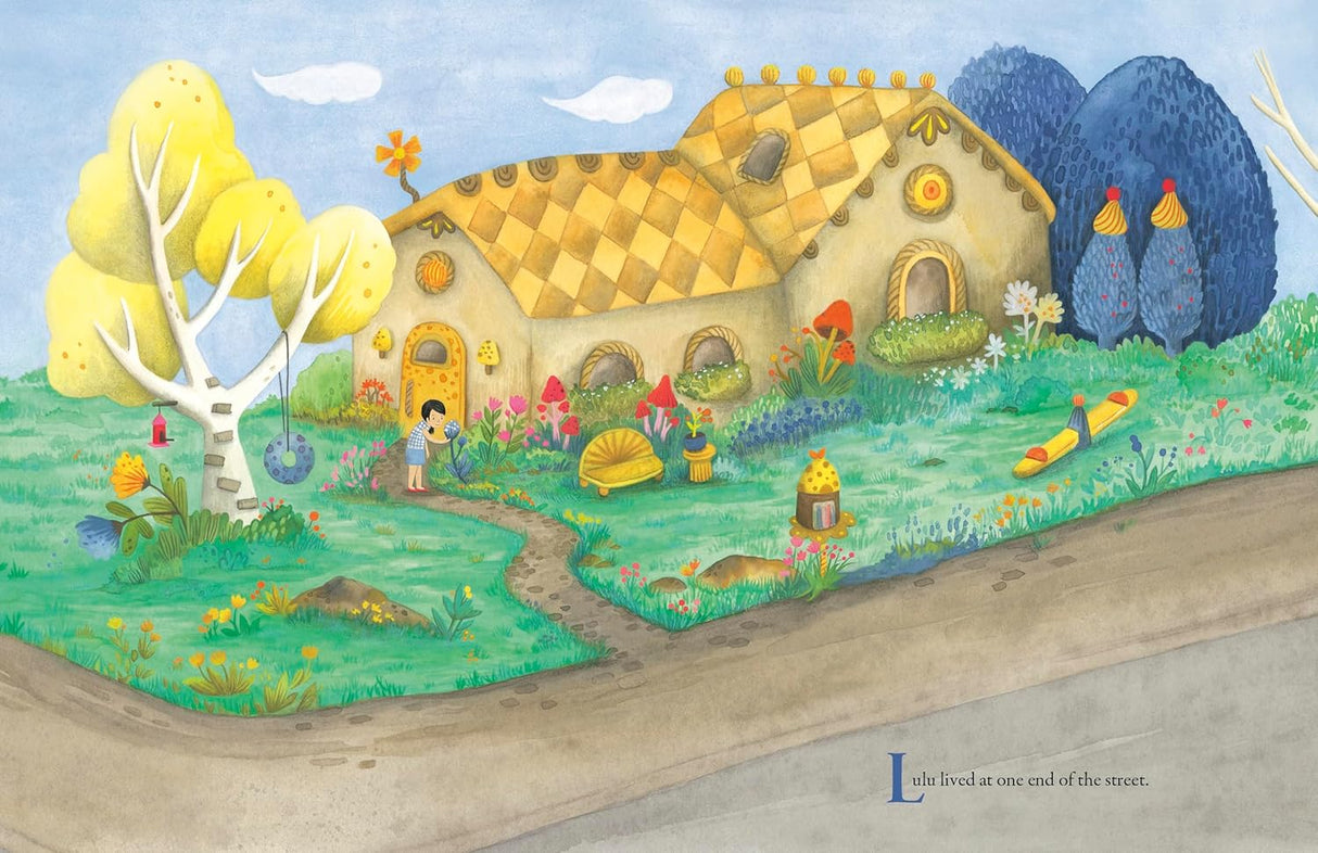 Illustration from Alfred Blooms showing a whimsical house surrounded by colorful flowers and a garden path.