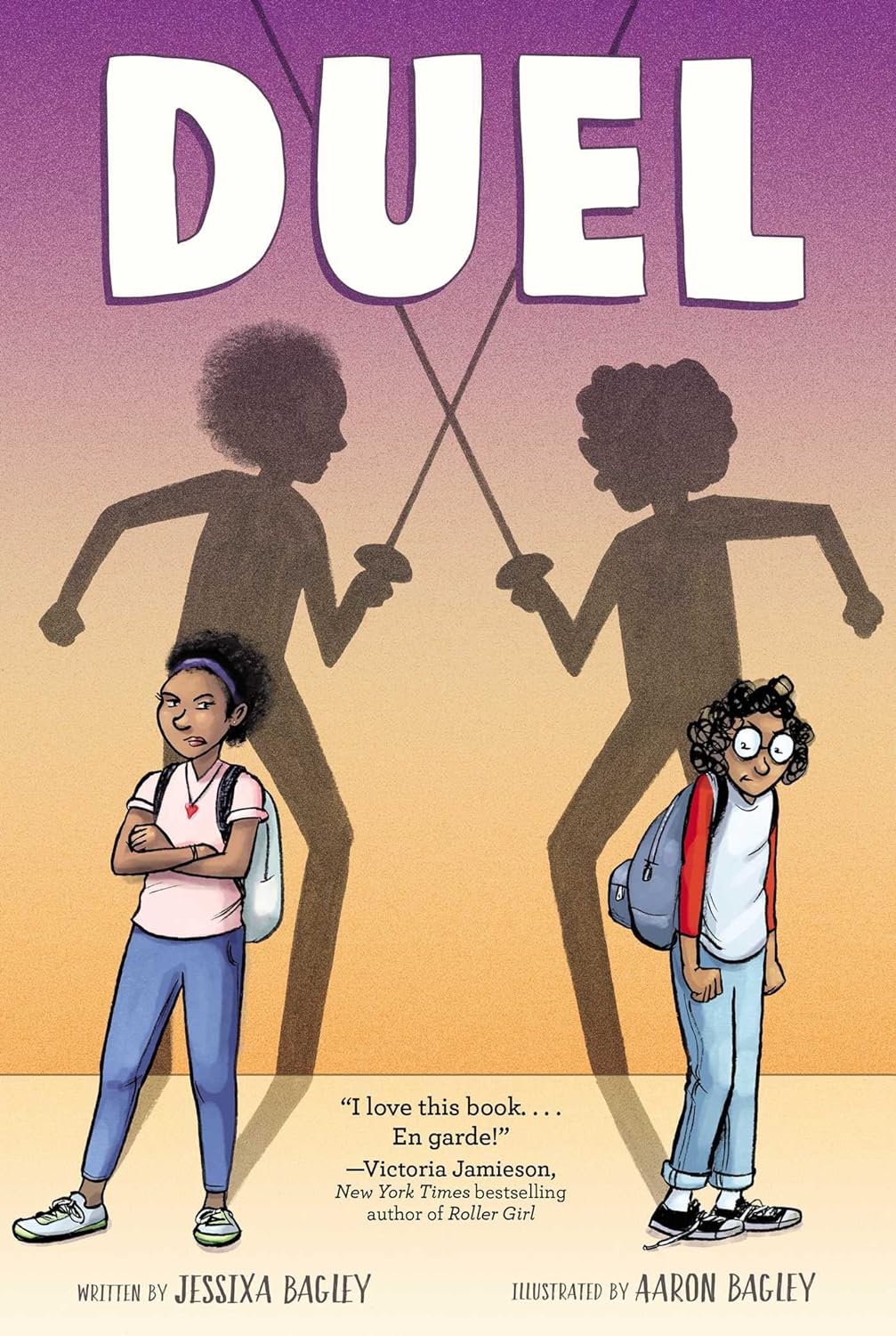 Duel book cover showing two sisters with crossed sword shadows symbolizing their fencing rivalry and sibling conflict.