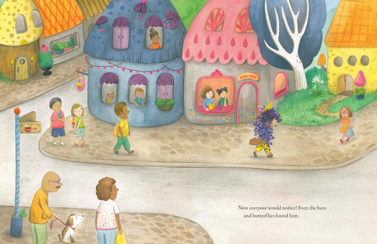 Illustration from Alfred Blooms showing a colorful village scene with children, adults, and whimsical houses.