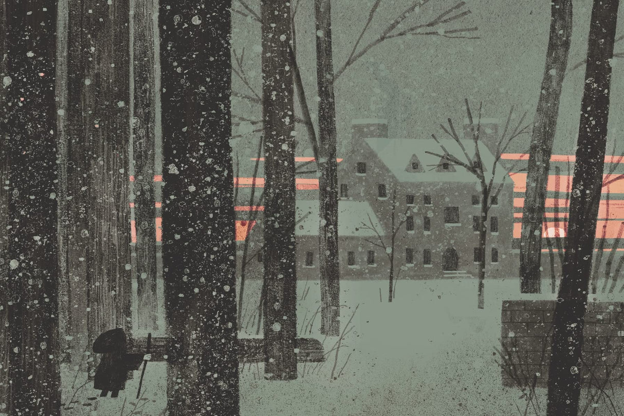 The Skull A Tyrolean Folktale illustration shows a snowy forest with a dark house in the background at dusk.