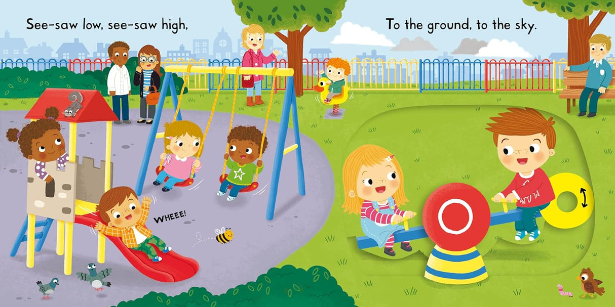 Busy Park Push/Pull/Slide board book shows children playing on swings, slides, and seesaws in a colorful park scene.