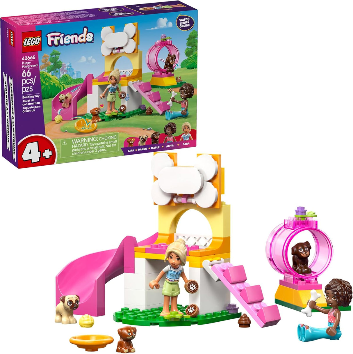 Colorful puppy playground building set with slide, ladder, tunnel, and three playful puppies with two children figures
