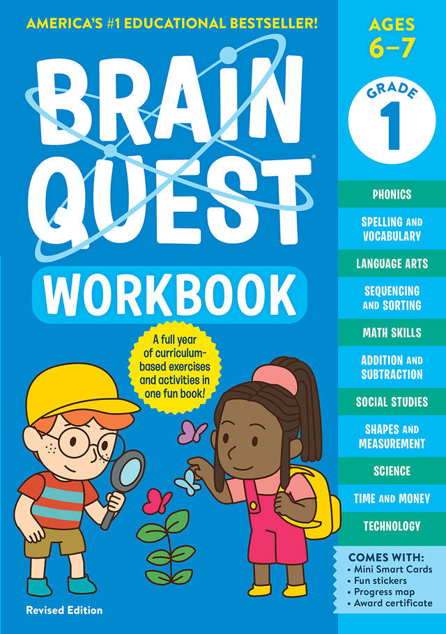 Brain Quest Workbook Grade 1 cover showing a boy and girl with magnifying glass, featuring curriculum-based activities for ages 6-7.