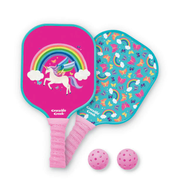 Pickleball | Unicorn paddle set with colorful unicorn and rainbow design, includes 2 pink outdoor pickleballs.