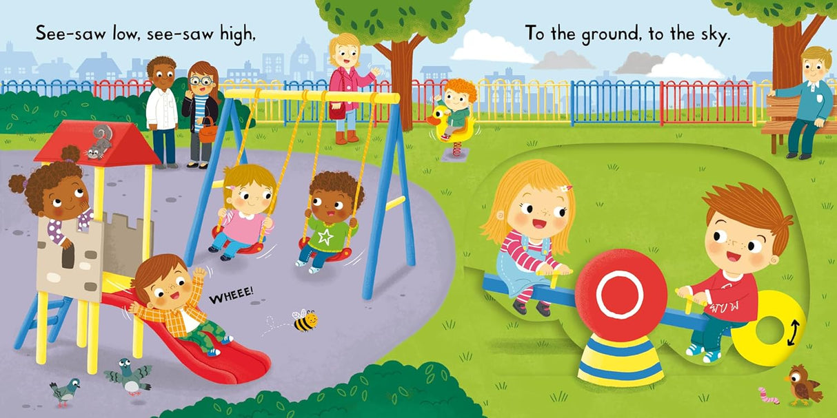 Illustration of children playing in a playground with swings and see-saw in the Busy Park Push/Pull/Slide book.