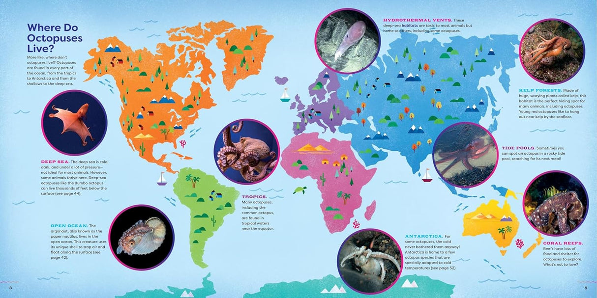 The Incredible Octopus map showing global octopus habitats with images of different octopus species and their environments.