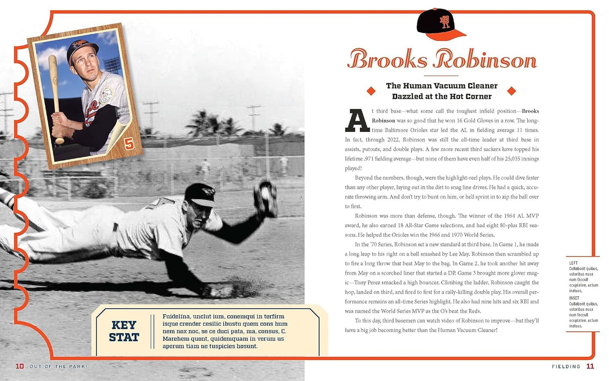 Out of the Park! book page featuring baseball legend Brooks Robinson and key career highlights and stats.