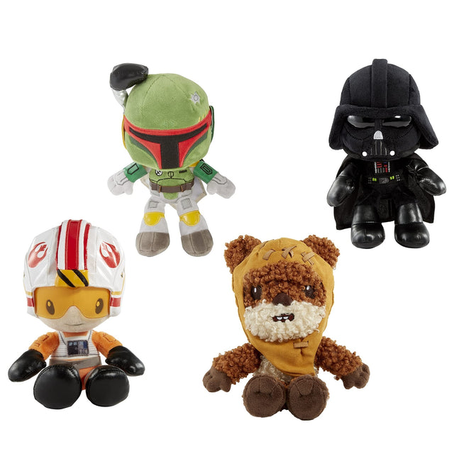 Star Wars Plush featuring embroidered Luke Skywalker, Darth Vader, Boba Fett, and Ewok characters, 8-inch collectible toys.