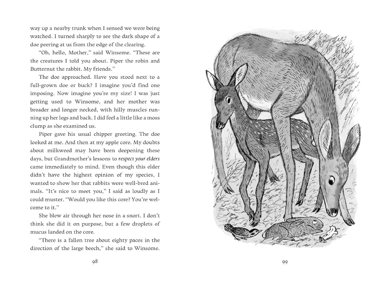 The Remarkable Rescue at Milkweed Meadow black-and-white illustration of a doe, deer, and rabbits in a forest setting.