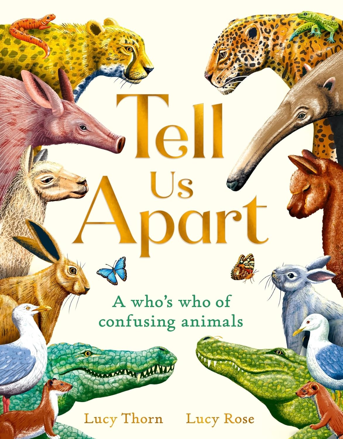 Cover of Tell Us Apart showing detailed illustrations of commonly confused animals like leopards, llamas, rabbits, and crocodiles.