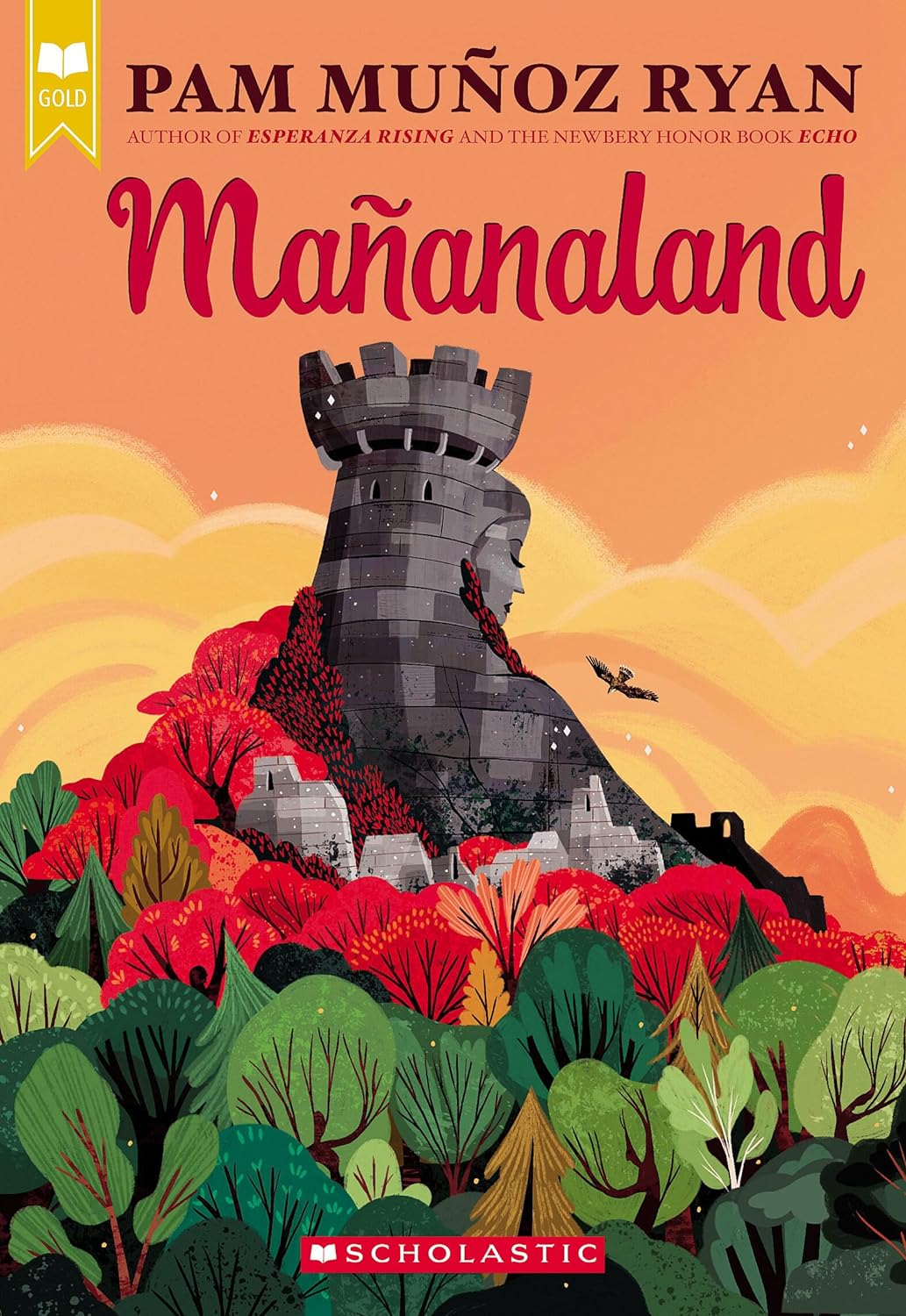 Mañanaland book cover with a stone tower shaped like a face above colorful forest under a warm sky.