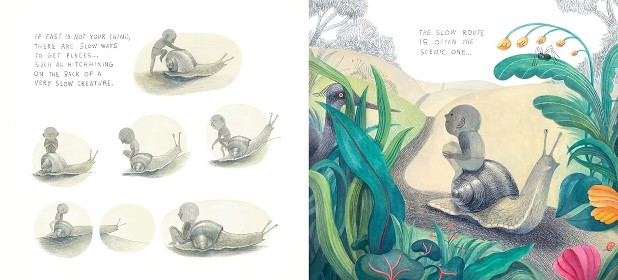 Drawing Is...Your Guide to Scribble Adventures showing a snail’s slow journey with playful, detailed illustrations and gentle text.