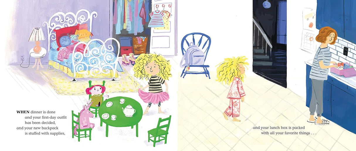 And Then Comes School book illustration showing children preparing for the first day with outfits and packed lunch.