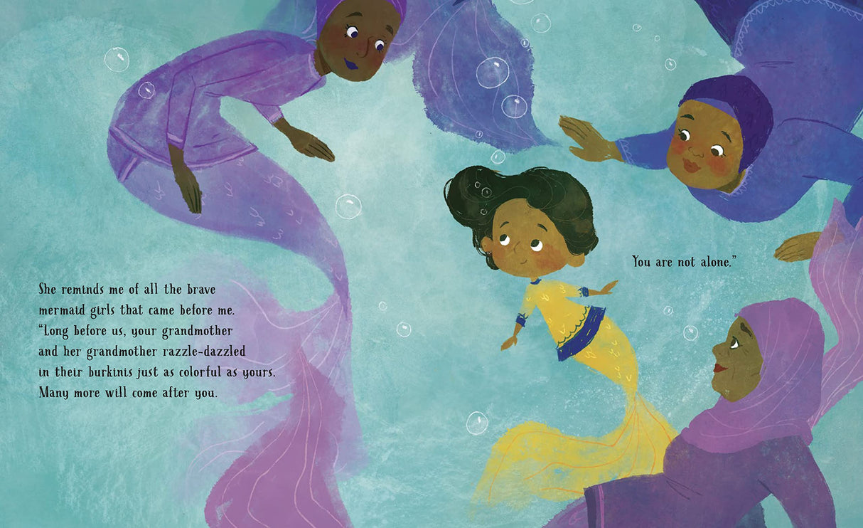 A Mermaid Girl illustration shows Heba in her yellow burkini surrounded by mermaid family in purple attire underwater.