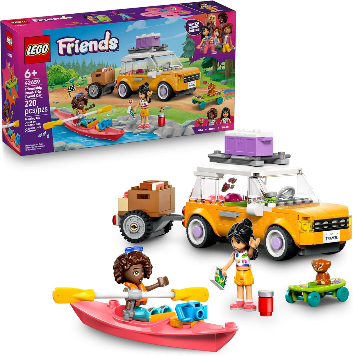 LEGO Friends road-trip travel car with figures, kayak, trailer, puppy, and travel accessories for imaginative play.