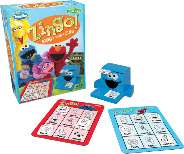 Zingo Sesame Street game with Cookie Monster Zinger, colorful game cards, and Sesame Street characters on packaging.