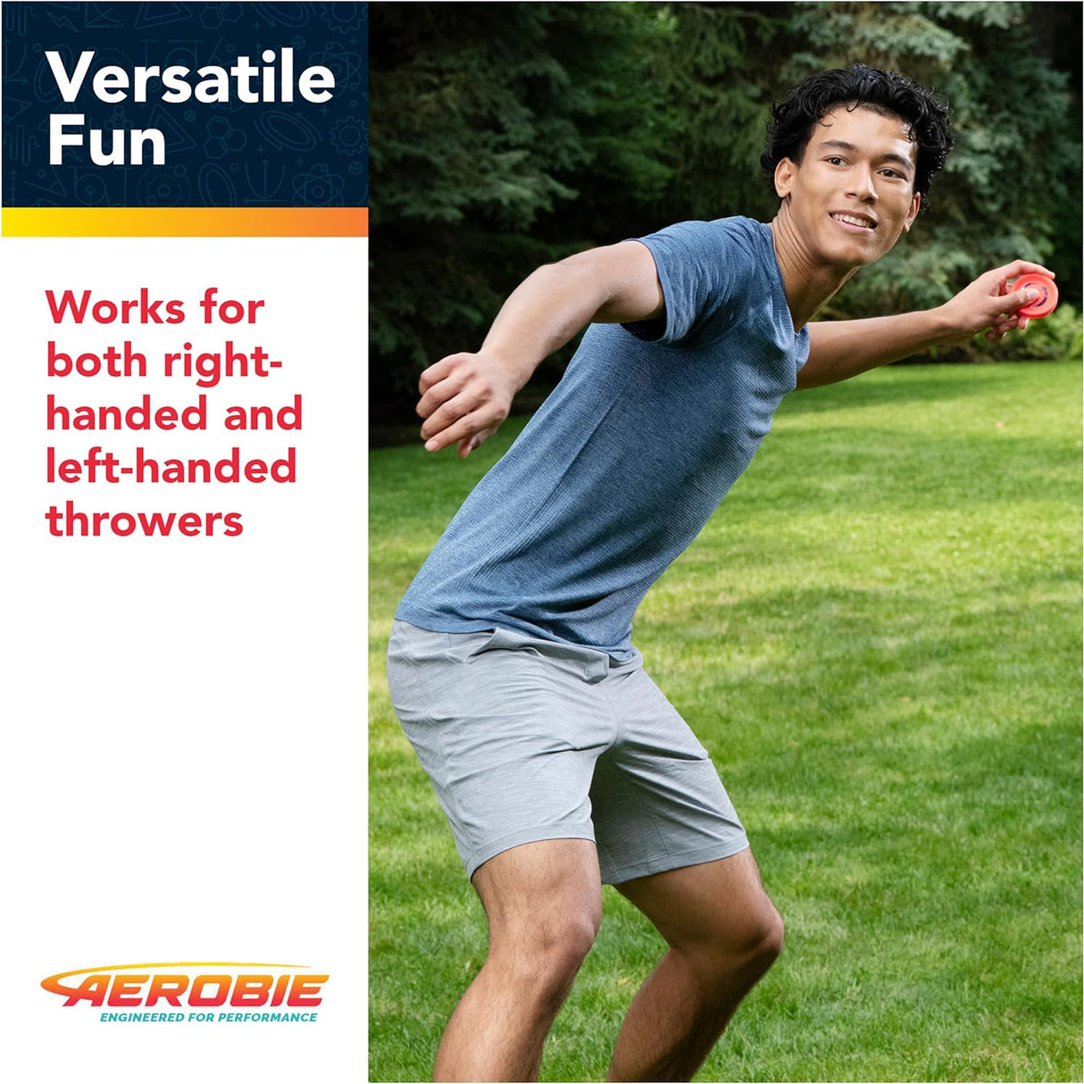 Man throwing a red Aerobie Pro Lite disc outdoors, suitable for right and left-handed throwers.