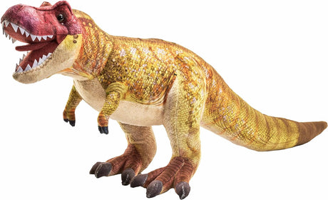 T-Rex plush toy with realistic details and textures, made from recycled materials, measuring 15 inches long.