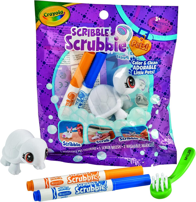 Scribble Scrubbie Pet with white turtle, two washable markers, and a green scrub brush in packaging.