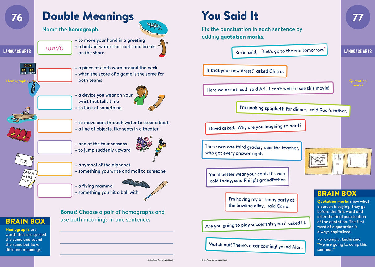 Brain Quest Workbook Grade 3 open to language arts activities on double meanings and punctuation practice.