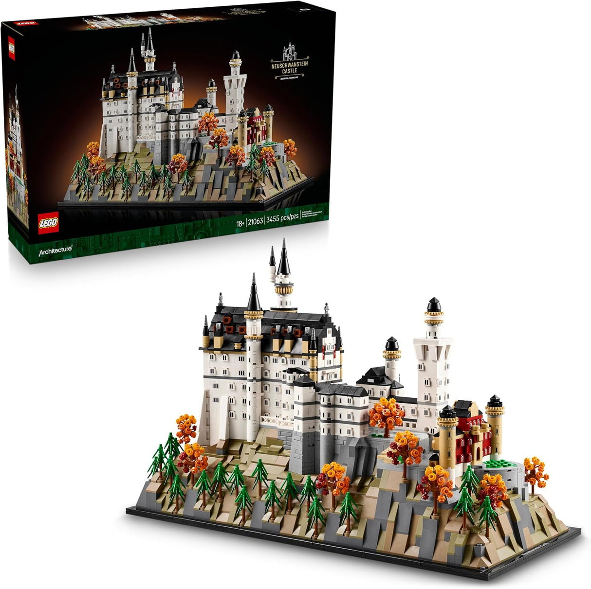 Detailed LEGO architecture model of Neuschwanstein Castle with seasonal foliage and soaring towers on rocky base