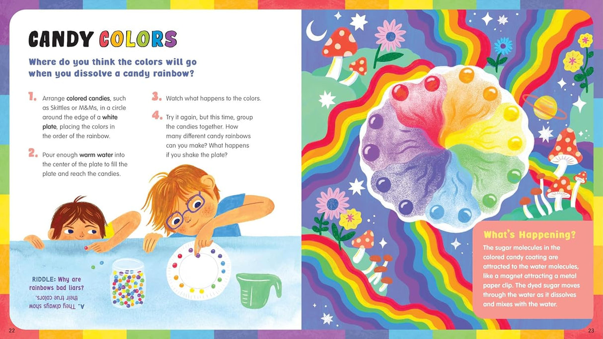 Rainbow Science activity book page showing kids experimenting with dissolving colored candies to explore rainbow colors.