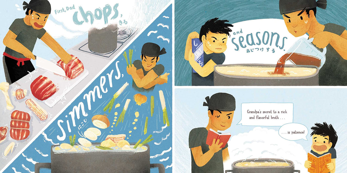 Illustration from Ramen For Everyone showing Hiro’s dad preparing ramen with fresh ingredients and broth simmering on the stove.